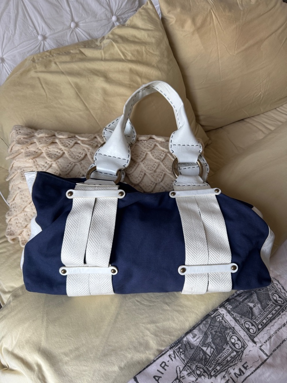 Trina Turk Navy and White Canvas Shoulder Bag with Leather sides and steps